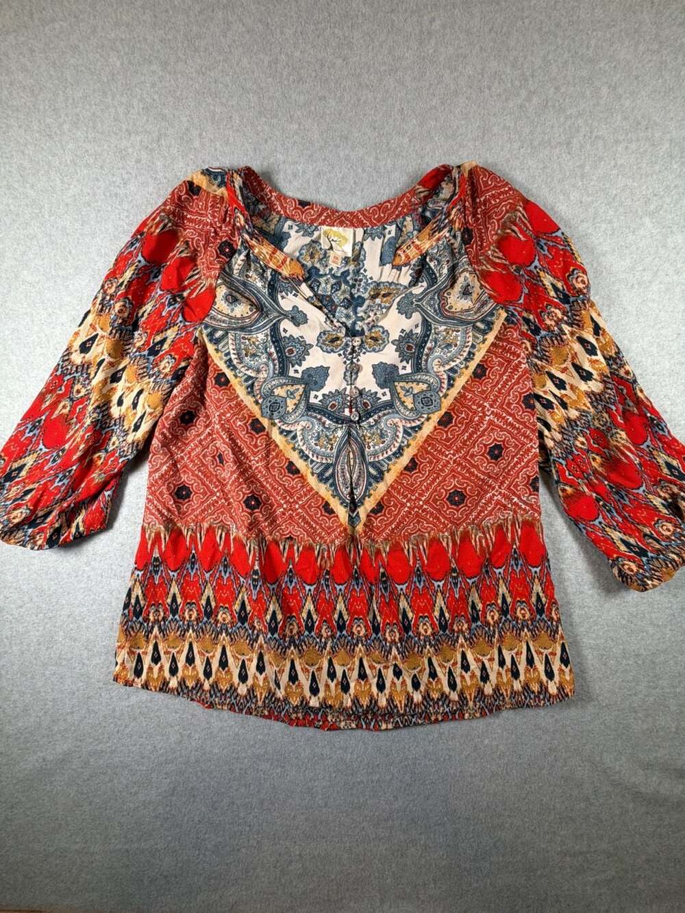 Fig and Flower Red Paisley Boho Peasant Blouse Tunic